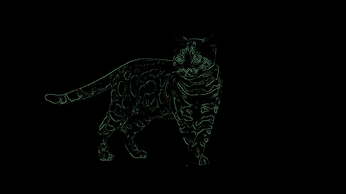 A walking cat rendered in glowing green terminal contours